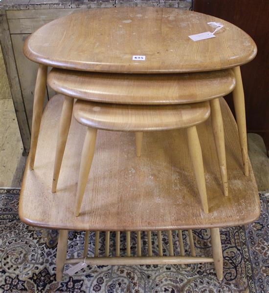 Nest of three Ercol pebble occasional tables and an Ercol coffee table with slatted undertier